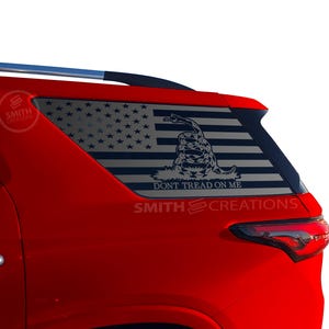 Fits 2018-2023 SOME 24&#39;s Chevy Traverse Rear 3rd Quarter Window Standard American Flag Gadsden Snake Don&#39;t Tread on Me Vinyl Window Decal