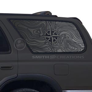 Fits 1996-2002 Toyota 4Runner Rear Side Windows Topographic Pattern with Compass Vinyl Window Decal Pre Cut No Trimming Needed Top compass