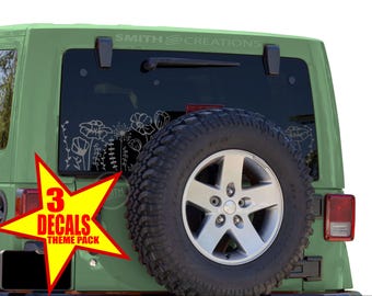 May include: A green Jeep SUV with a spare tire and floral decals on the rear window. A yellow star-shaped graphic with the text "3 DECALS THEME PACK" is in the lower left corner. The brand name "SMITH CREATIONS" is at the top.