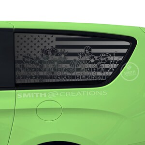 May include: A lime green vehicle with a window decal featuring an American flag design with floral accents. The decal is black and white, and the text "SMITH CREATIONS" is visible on the vehicle.