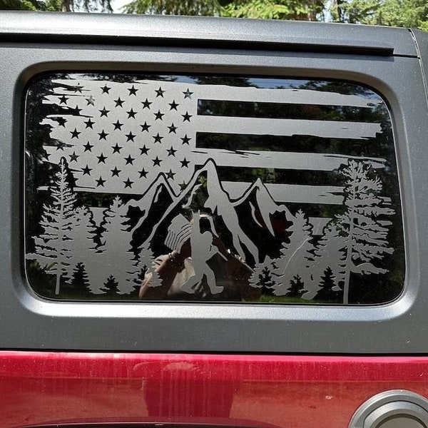 Fits 2011-2024 Jeep Wrangler Rear Side Window American Flag Mountain Sasquatch Decal 4 Door Hard Top *Photo example is of matte black vinyl