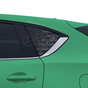 Fits Mazda CX-5 2017 - 2025 3rd Quarter Window Distressed American Flag with Floral Line Vinyl Window Decal Pre Cut Flowers