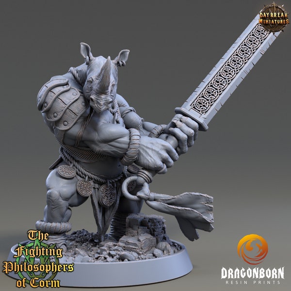 Crantor Straightedge - Rhinokin Rhino Folk Warrior DnD RPG Wargaming Daybreak Miniatures