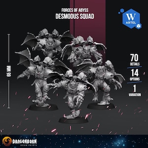 May include: A set of five grey resin miniature figures titled Forces of Abyss Desmodus Squad. Each figure features bat-like wings, armoured plating, and clawed hands. A vertical scale indicates a height of 65 mm. Text includes 70 details, 14 options, and 1 variation.