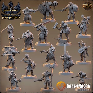 Op de afbeelding: Een verzameling onbeschilderde harsminiaturen van fantasie-krijgers. De figuren staan in verschillende poses, met zwaarden, schilden, hamers en andere wapens. De tekst "The Renegades of the Iron Phoenix" en "Dragonborn Resin Prints" zijn zichtbaar.