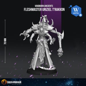 May include: A grey resin miniature figure titled Voidborn Ancients Fleshmaster Uriziel T'Rakkon, standing 70 mm tall. The figure features multiple arms, a long tattered robe, mechanical appendages, and various tools, mounted on a circular base.