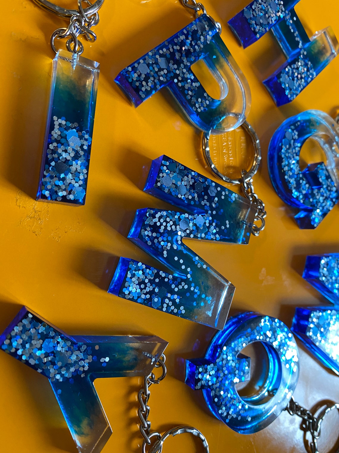 Epoxy resin alphabet keyring blue with silver gradient Etsy