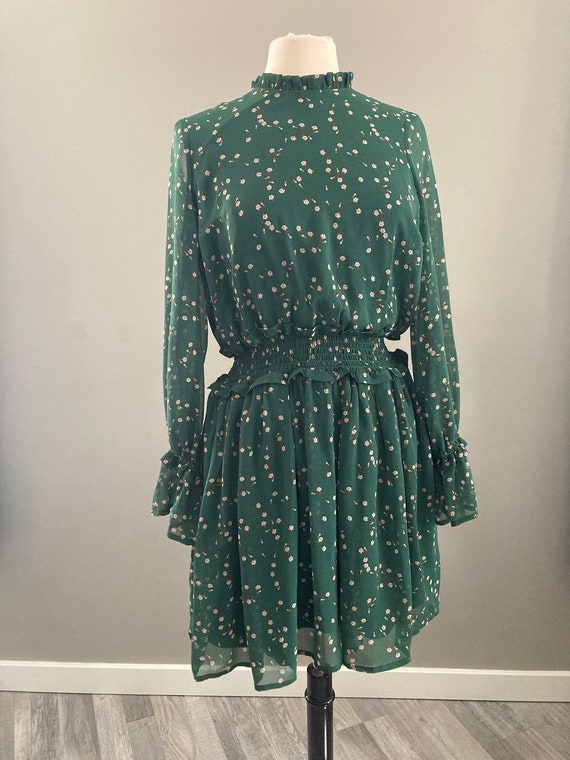 Green Flower Print Ruffle Dress