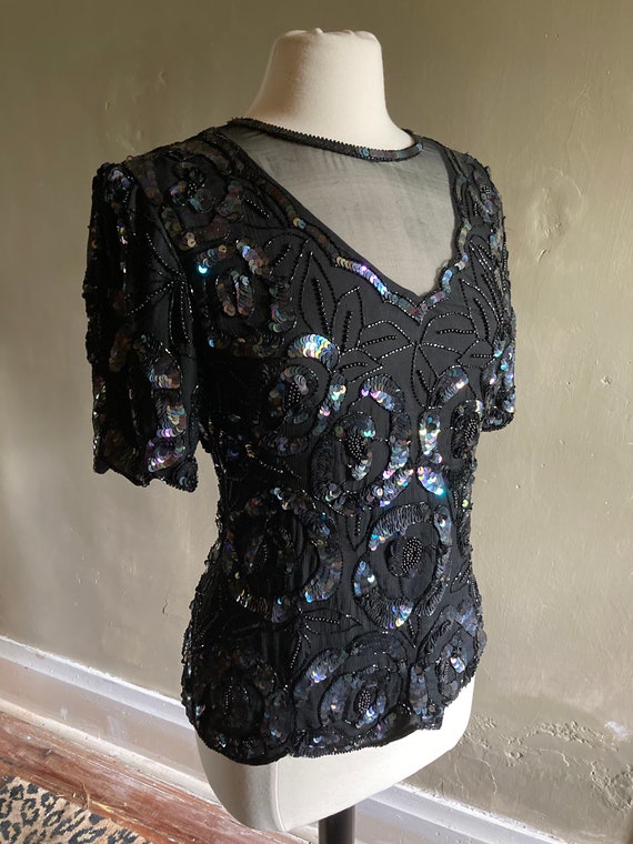 Lawrence Kazar Bead and Sequin Silk Top