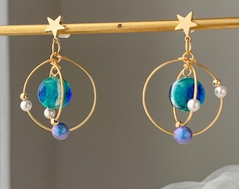 Planet earrings, Universe statement earrings, galaxy dangle earrings, unique dangle