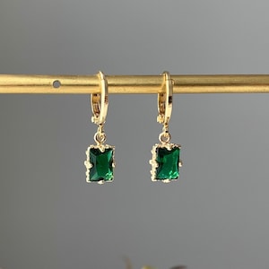 Emerald Green baguette hoops - Huggie Hoops Earring - Gemstone Dainty Minimalist Earrings