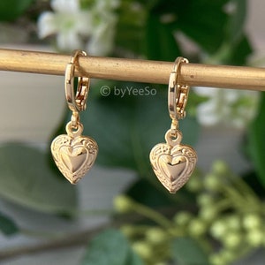 Heart Dangle Drop Earrings, Gold Love Heart Huggie Hoop Earring with Heart Charm Pendant, Jewelry Gift for Her