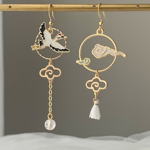 Crane Earrings with White Clouds and Waves - Sun and Cloud Japanese Asymmetrical Asymmetrical unique earrings Dangle - Oriental earrings