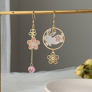 Sakura Rabbit Dangle Earrings: Japanese Cherry Blossom Bunny Jewelry