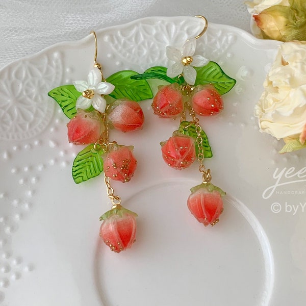 Strawberry Earrings - Strawberry Flower Leaf - Fruit Earrings - Cute - Creative Earrings - Gift - Handmade Earring.