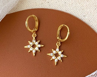 Starburst Hoop Earrings, Gold Starburst Huggie Hoops, Tiny Dainty Star Earrings Dangle