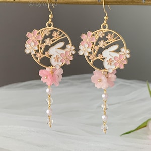 Pink Cherry Blossom Earrings - Japanese Sakura Bunny Moon Earrings - Cherry Blossom rabbit Earrings