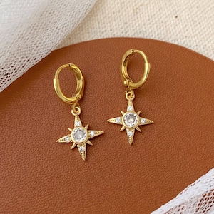 Starburst Hoop Earrings, Gold Starburst Huggie Hoops, Tiny Dainty Star Earrings Dangle