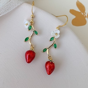 Strawberry Earrings - Strawberry Flower Leaf - Fruit Earrings - Cute - Creative Earrings - Gift - Handmade Earring.