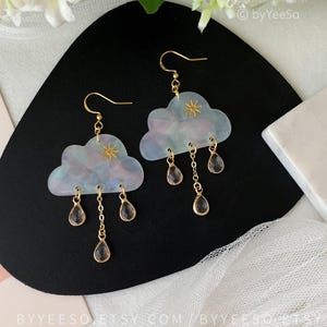 Rain Cloud Earrings Dangle - Fun white Cloud long drop earrings