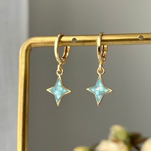 Starburst Huggie Hoop Earrings - Sea Blue Star Earrings - Celestial Dangle Hoops - 14k gold plated huggie hoops