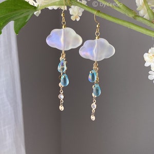Rain Cloud Earrings Dangle - Fun white Cloud long drop earrings