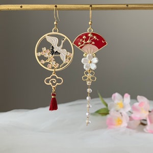 Crane and Fan Earrings with Cherry Blossom - Red Japanese Asymmetrical Fan unique earrings Dangle - Oriental earrings
