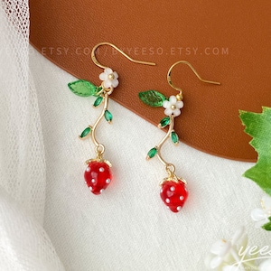 Strawberry Earrings - Strawberry Flower Leaf - Fruit Earrings - Cute - Creative Earrings - Gift - Handmade Earring