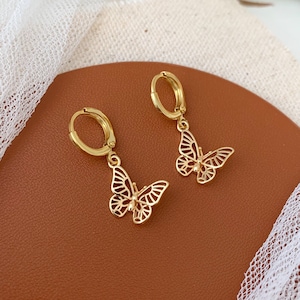 Gold Butterfly Huggie Hoop Earrings, Butterfly Earrings, Butterfly Charm Hoop Earrings, Small Butterfly Huggies, Mini Hoop Dangle Earrings