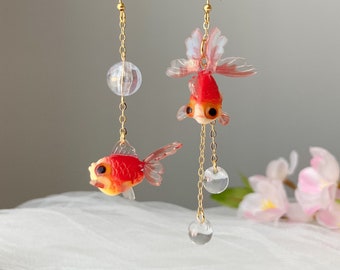 Goldfish and Bubble Dangle Earrings - Red goldfish earrings - Unique Dangle