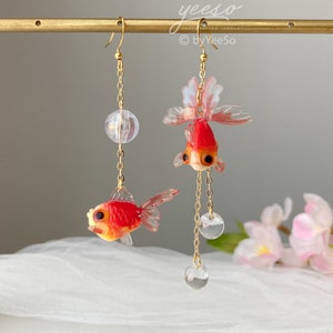 Goldfish and Bubble Dangle Earrings - Red goldfish earrings - Unique Dangle