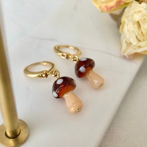 mushroom earrings - fun earrings - cute huggie earrings - gold hugggie