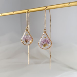 Teardrop Real Pressed Flower Earrings -  14k Gold Threader Earrings - Resin flower dangle earrings