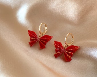 Red Butterfly Origami Earrings - Paper Butterfly Huggie Hoops - Handmade Paper Folding - Lever Back - Unique Dangle