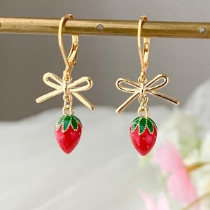 Tiny Strawberry Lever Back Earrings, Cute Strawberry Fruit Earrings, Strawberry and bow earrings dangle