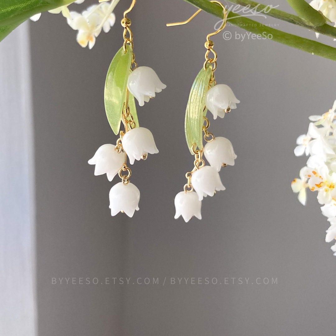 Lily of the Valley Dangle Hook Earrings in Sterling Silver, Lily of the Valley Flower Dangle Earrings - UK