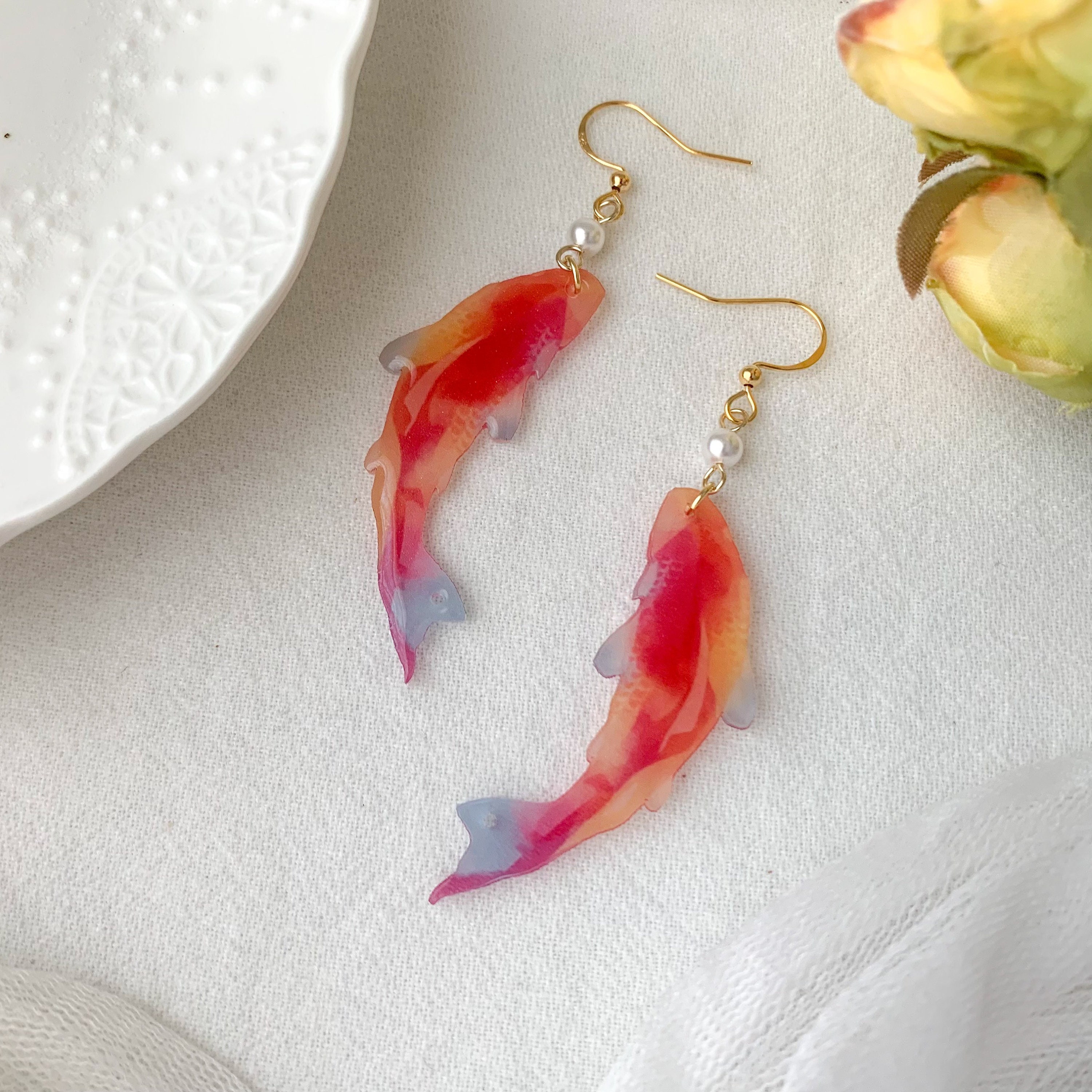 Koi Fish Dangle Earrings Goldfish Earrings Rainbow Etsy