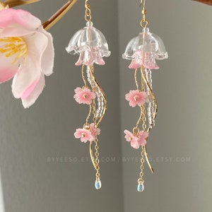 cherry blossom jellyfish dangle earrings - Pink Sakura flower Jellyfish drop Earrings - Unique Gift for her