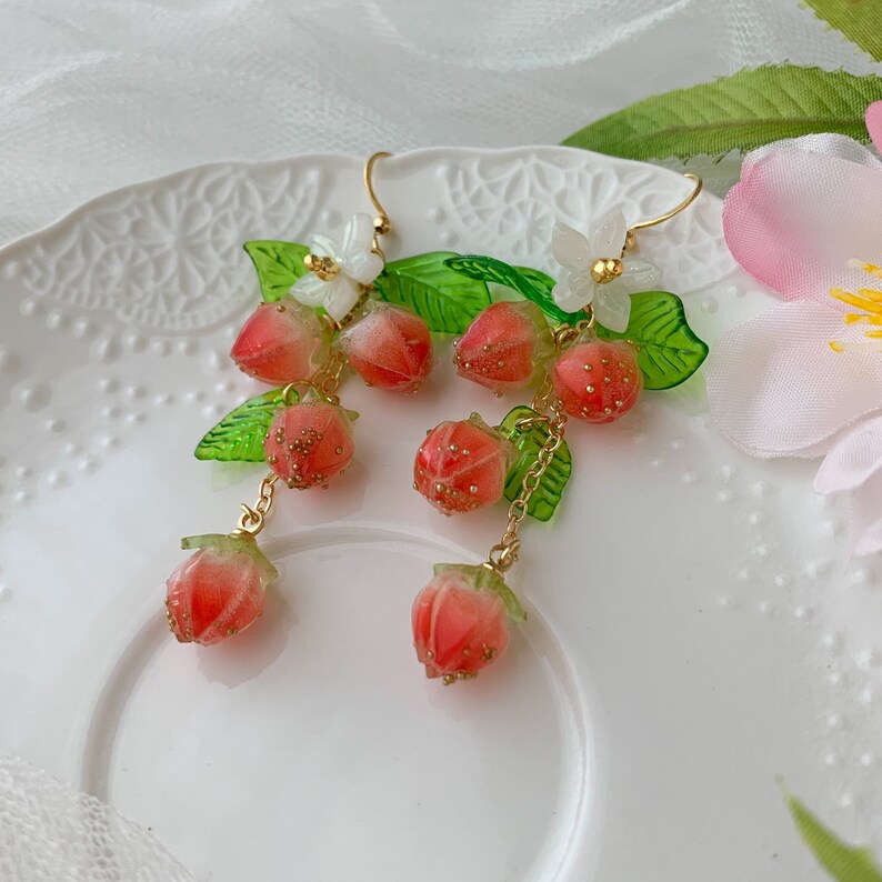 Strawberry Earrings Strawberry Flower Leaf Fruit Earrings Etsy