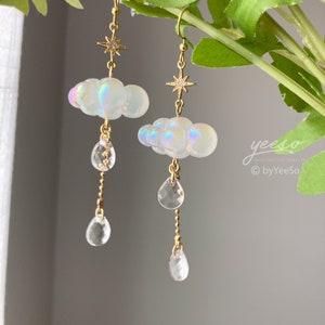 Celestial Rain Cloud Earrings Dangle - Fun white Cloud long drop earrings