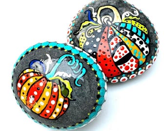 Pumpkin Rocks, Painted Art Stone Gifts, Hand painted Art Stones, Small Art rocks