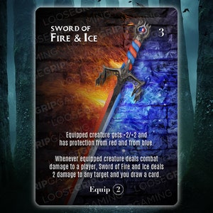 May include: A fantasy trading card game card with a blue and red sword on a fiery and icy background. The card is called "Sword of Fire & Ice" and has a cost of 3. The card text reads: "Equipped creature gets -2/-2 and has protection from red and from blue. Whenever equipped creature deals combat damage to a player, Sword of Fire and Ice deals 2 damage to any target and you draw a card." The card also has an "Equip 2" ability.