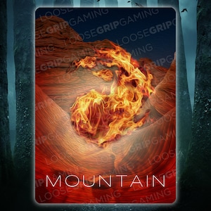 May include: A fiery orange and yellow mountain landscape with the word "MOUNTAIN" in red text.
