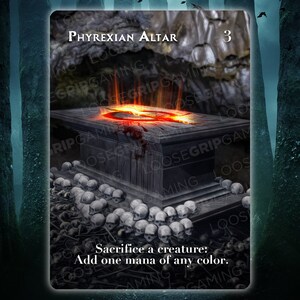 May include: A black stone altar with a red glowing center and a pile of skulls at the base. The text "PHYREXIAN ALTAR 3" is printed on the card. Sacrifice a creature: Add one mana of any color.