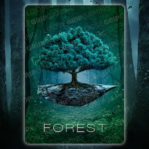 May include: A digital illustration of a forest scene with a large, blue-green tree growing out of a floating rock. The text "FOREST" is written in white letters at the bottom of the image.