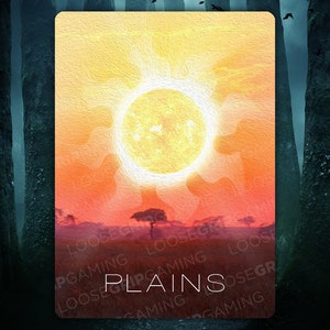 May include: A digital illustration of a plains card from the Magic: The Gathering trading card game. The card features a bright orange and yellow sunset with a large sun in the center. The text "PLAINS" is printed in white at the bottom of the card.
