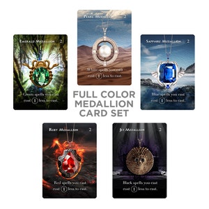 May include: Five colorful cards with a gemstone pendant on each. Each card has a different color gemstone and a title with the name of the gemstone. The text on each card reads "[Gemstone] MEDALLION 2" and "[Color] spells you cast cost (1) less to cast."