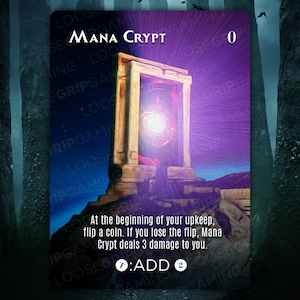 Puede incluir: Carta de fantasía "Mana Crypt" con valor "0". Ilustración de un arco de piedra con un portal brillante. Texto inferior describe el efecto de la carta. Fondo oscuro de bosque con el texto "LOOSE GAMING".