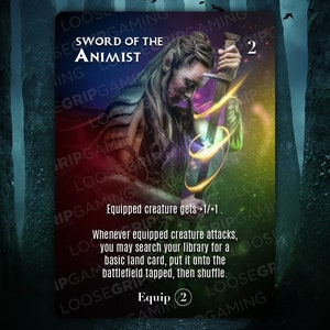 May include: A fantasy card titled "Sword of the Animist" featuring a warrior with a sword. The card has a colorful background with text that reads "Equipped creature gets +1/+1" and "Equip (2)".