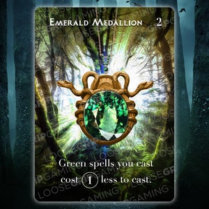May include: A green gemstone pendant with a gold setting and two snakes wrapped around it. The pendant is surrounded by a forest scene. The text "EMERALD MEDALLION 2" and "Green spells you cast cost (1) less to cast." is visible on the card.